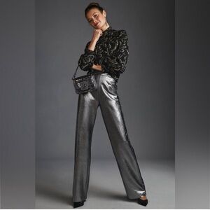 Anthropologie Hutch Silver Metallic Wide Leg High Rise Pants Size Small NWT